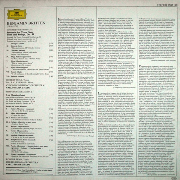 Benjamin Britten, Robert Tear · Dale Clevenger, Chicago Symphony Orchestra / Philharmonia Orchestra, Carlo Maria Giulini : Serenade For Tenor, Horn & Strings · Les Illuminations (LP)