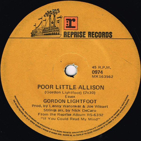 Gordon Lightfoot : If You Could Read My Mind (7", Single)