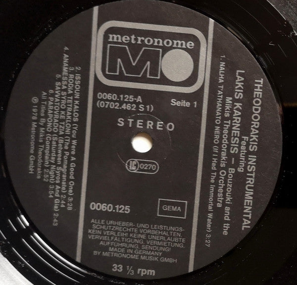 Mikis Theodorakis Feauturing Lakis Karnezis -Bouzouki & The Mikis Theodorakis And His Orchestra : Instrumental (LP, Comp)