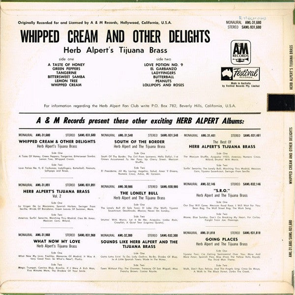 Herb Alpert & The Tijuana Brass : Whipped Cream & Other Delights (LP, Album, RE)