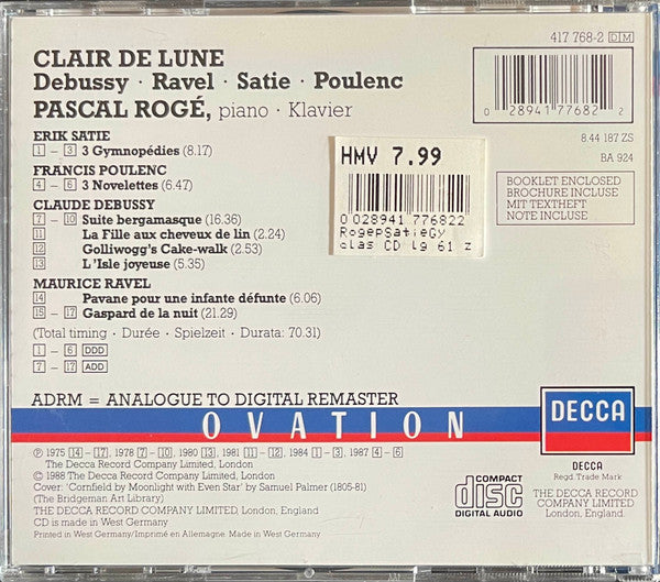 Pascal Rogé / Debussy*, Ravel*, Satie*, Poulenc* : Clair De Lune (CD, Album, Comp, RM)