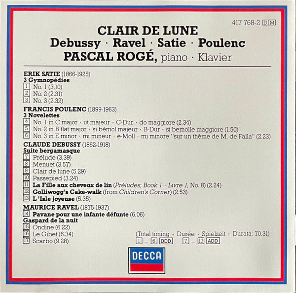 Pascal Rogé / Debussy*, Ravel*, Satie*, Poulenc* : Clair De Lune (CD, Album, Comp, RM)