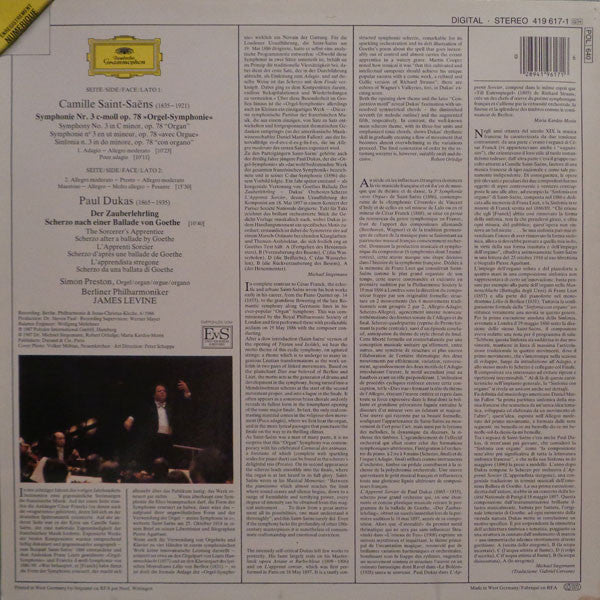 Saint-Saëns*, Dukas*, Berliner Philharmoniker, James Levine (2), Simon Preston : "Orgel - Symphonie" / L'Apprenti Sorcier (LP)