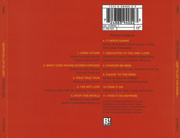 Bitty McLean : Just To Let You Know (CD, Album)