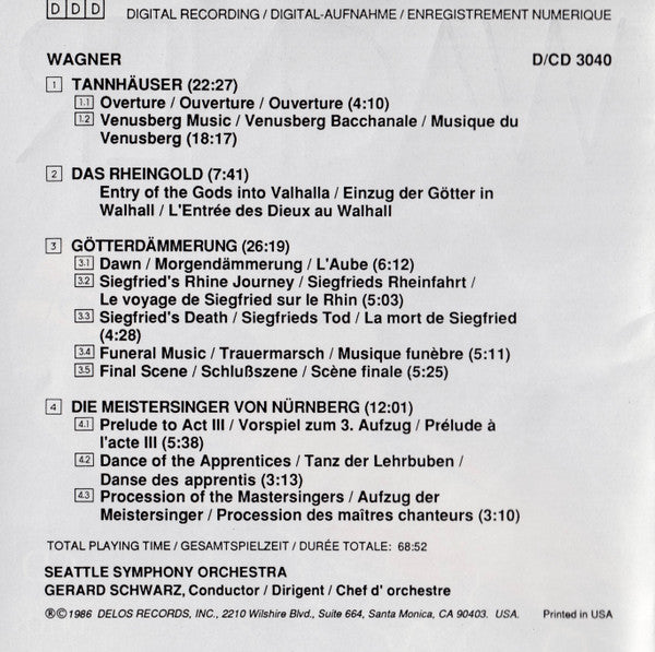 Wagner* / Seattle Symphony* / Gerard Schwarz : Tannhäuser - Das Rheingold - Götterdämmerung - Die Meistersinger Von Nürnberg (CD, Album)