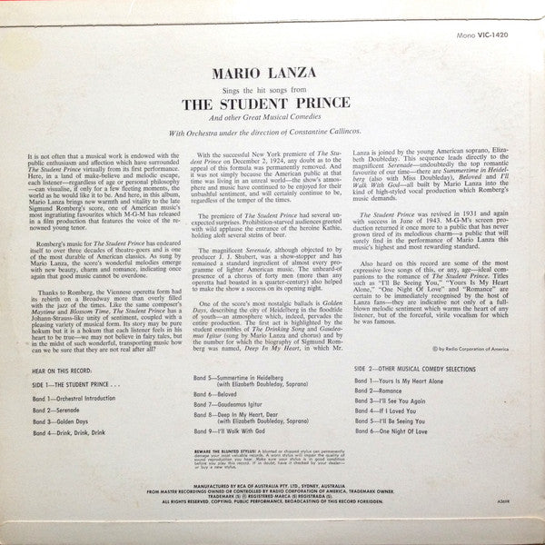 Mario Lanza : Sings The Hit Songs From The Student Prince And Other Great Musical Comedies (LP, Album)