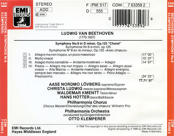Ludwig van Beethoven, Aase Nordmo Løvberg, Christa Ludwig, Waldemar Kmentt, Hans Hotter, Philharmonia Chorus, Philharmonia Orchestra, Otto Klemperer : Symphonie No. 9 (CD, RE, RM)