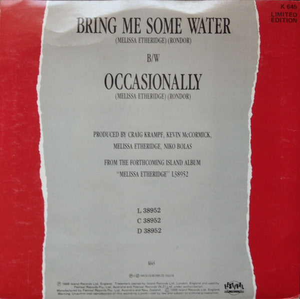 Melissa Etheridge : Bring Me Some Water (7", Single)