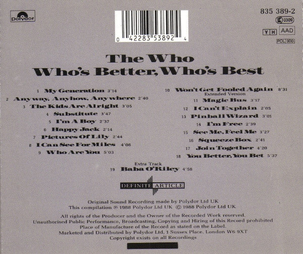 The Who : Who's Better, Who's Best (CD, Comp, RP)