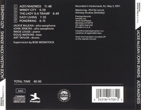 Jackie McLean / John Jenkins (2) : Alto Madness (CD, Album, Mono, Ltd, RE)