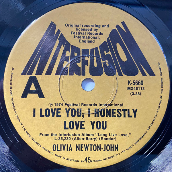 Olivia Newton-John : I Love You, I Honestly Love You (7", Single)