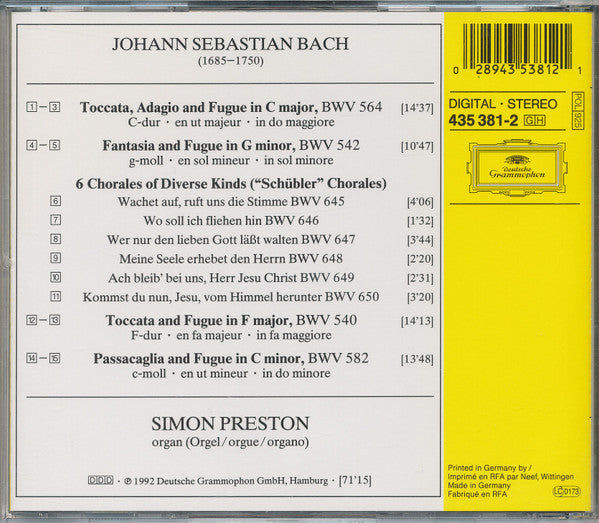 Johann Sebastian Bach, Simon Preston : Schübler Chorales BWV 645-650 - Passacaglia & Fugue BWV 582 - Fantasia & Fugue BWV 542 - Toccata & Fugue BWV 540 - Toccata, Adagio & Fugue BWV 564 (CD, Album)
