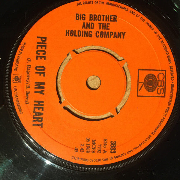 Big Brother & The Holding Company Featuring Janis Joplin : Piece Of My Heart / Turtle Blues (7", Single)