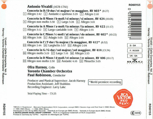 Ofra Harnoy, Vivaldi*, Toronto Chamber Orchestra, Paul Robinson* : Vivaldi Cello Concertos, Vol. 2 (CD, Album)