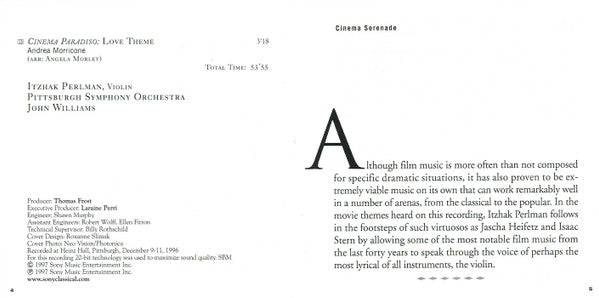 Perlman* - Williams* - Pittsburgh Symphony Orchestra : Cinema Serenade (CD, Album)