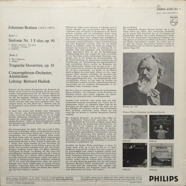 Brahms* - Concertgebouw Orchestra, Amsterdam*, Bernard Haitink : Symphony No. 3 / Tragic Overture (LP)