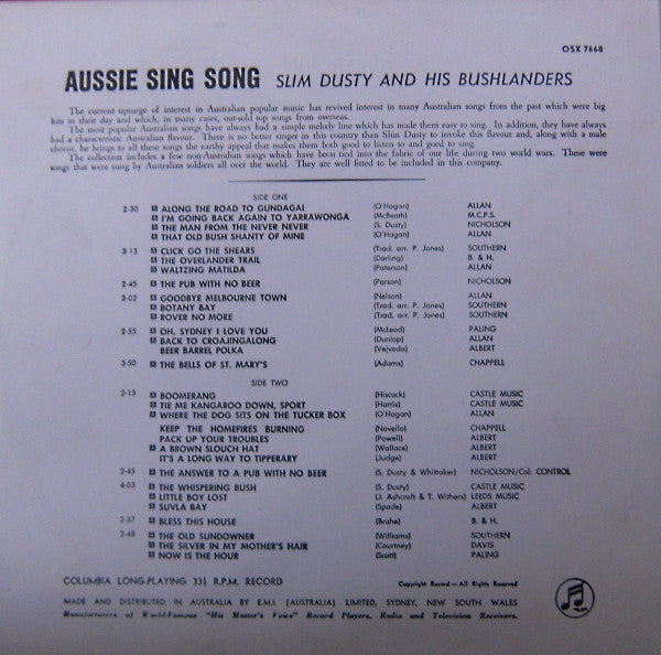 Slim Dusty And His Bushlanders : Aussie Sing Song (LP, Album, Mono, RE)