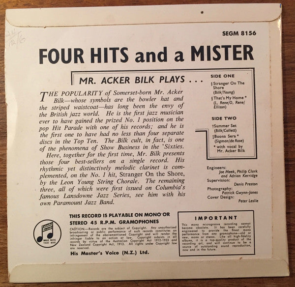 Acker Bilk : Four Hits And A Mister (7", EP, Mono)