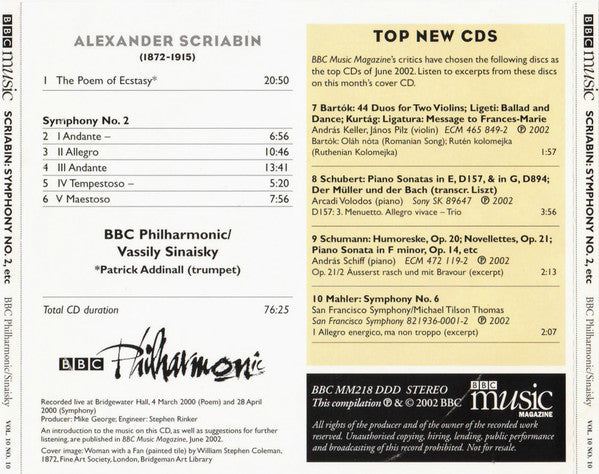 Scriabin* - BBC Philharmonic, Vassily Sinaisky : The Poem Of Ecstasy / Symphony No. 2 (CD)