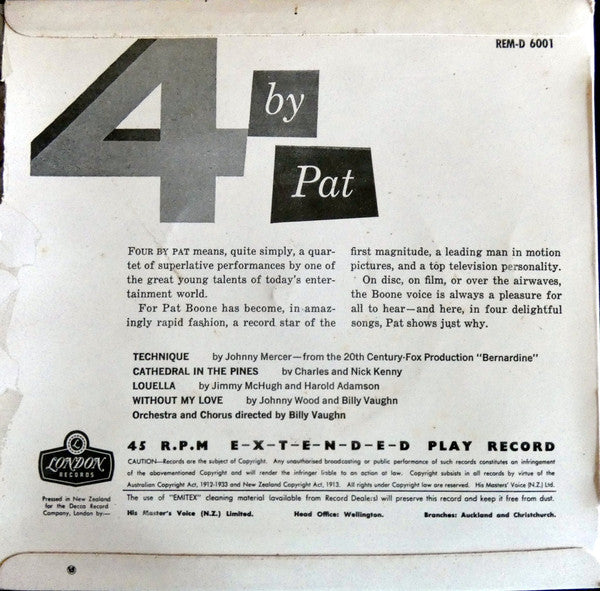 Pat Boone : Four By Pat (7", EP)