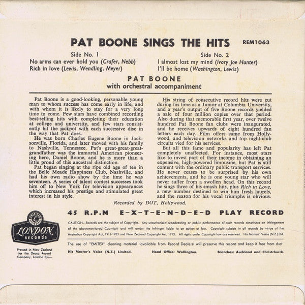 Pat Boone : Pat Boone Sings The Hits (7", EP)