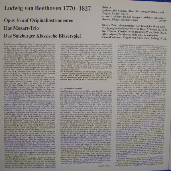 Ludwig van Beethoven, Das Mozart-Trio, Das Salzburger Klassische Bläserspiel : Opus 16 Auf Originalinstrumenten (LP)