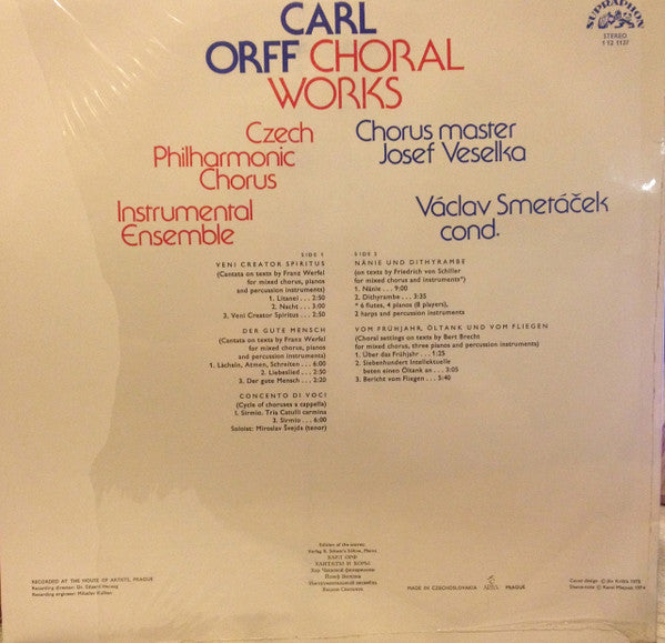 Carl Orff, Josef Veselka, Václav Smetáček, Czech Philharmonic Chorus : Choral Works (LP, Album)