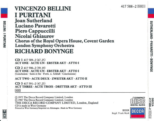 Bellini* - Sutherland*, Pavarotti*, Cappuccilli*, Ghiaurov* - Chorus Of The Royal Opera House, Covent Garden, London Symphony Orchestra - Richard Bonynge : I Puritani (3xCD, RM + Box, RE)