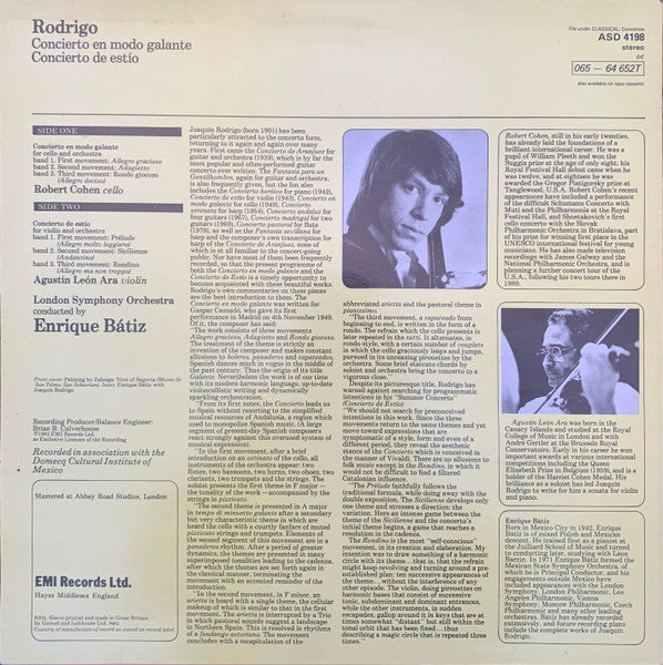 Rodrigo* - Robert Cohen, Agustin Leon Ara, Enrique Batiz And London Symphony Orchestra : Concierto En Modo Galante, Concierto De Estio (LP, Dig)