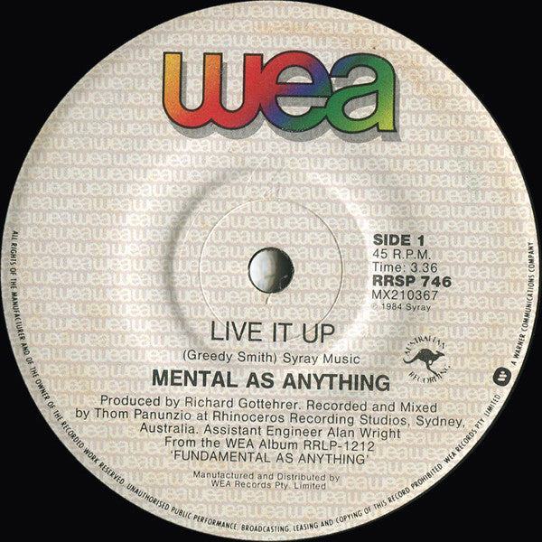 Mental As Anything : Live It Up (7", Single)