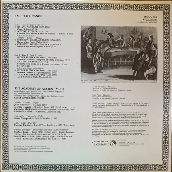 Johann Pachelbel, Georg Friedrich Händel, Antonio Vivaldi, Christoph Willibald Gluck, The Academy Of Ancient Music, Christopher Hogwood : Pachelbel Canon (LP)