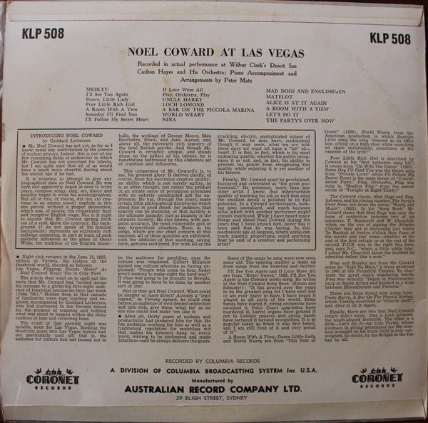 Noel Coward* : Noel Coward At Las Vegas (LP, Album, RP)