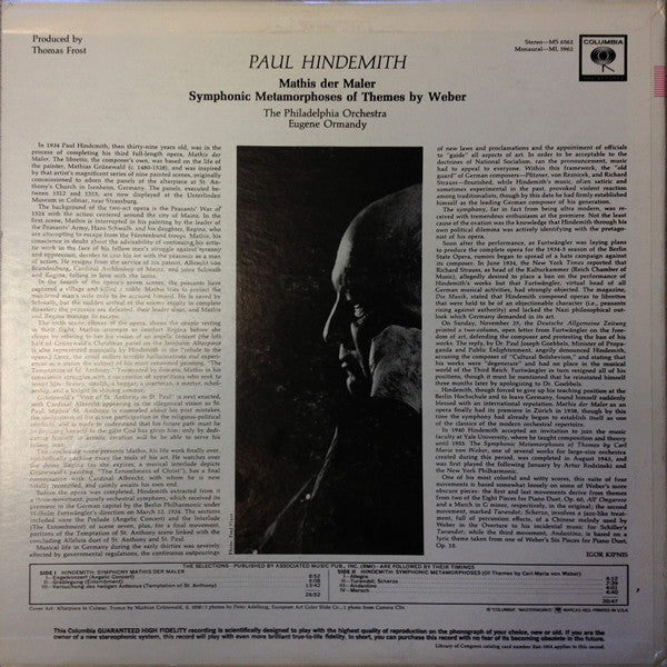 Paul Hindemith - Eugene Ormandy / The Philadelphia Orchestra : Mathis Der Maler / Symphonic Metamorphoses Of Themes By Weber (LP, Album, Mono)