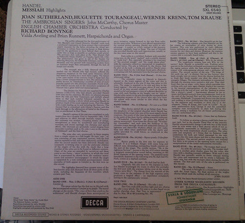 Handel*, Sutherland*, Krause*, Krenn*, Tourangeau*, The Ambrosian Singers, English Chamber Orchestra, Bonynge* : Messiah Highlights (LP)