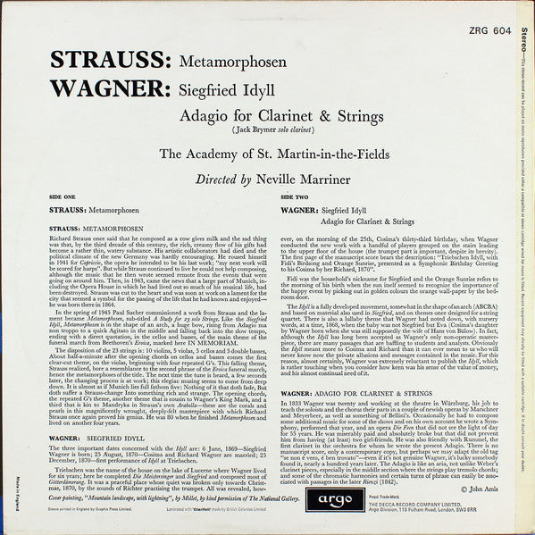 Strauss* / Wagner* - Academy Of St. Martin-in-the-Fields*, Neville Marriner* : Metamorphosen / Siegfried Idyll (LP, RP)