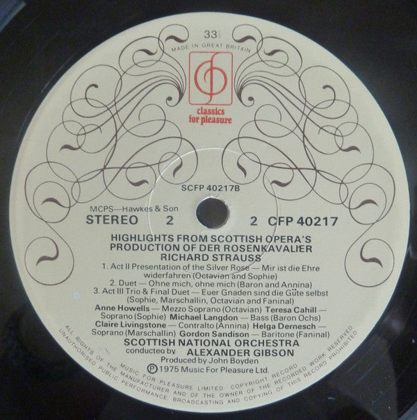 Richard Strauss, Alexander Gibson Conducts Royal Scottish National Orchestra : Highlights From Scottish Opera's Production Of Der Rosenkavalier  (LP)