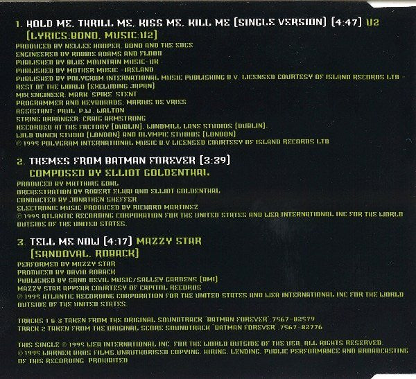 U2 : Hold Me, Thrill Me, Kiss Me, Kill Me (Original Music From The Motion Picture Batman Forever) (CD, Single, Dis)