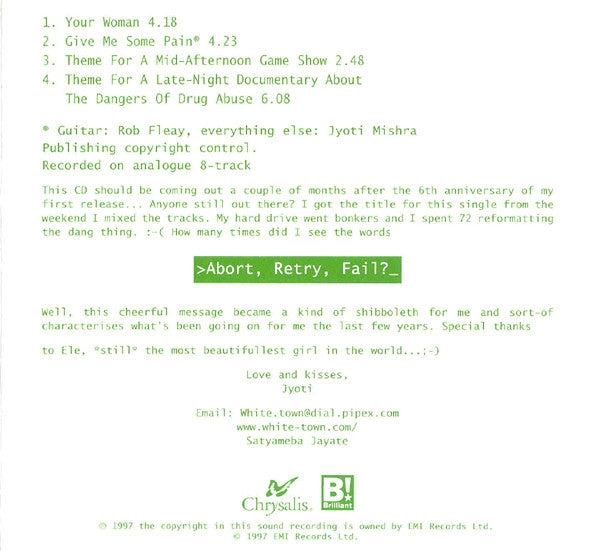 White Town : >Abort, Retry, Fail? (Your Woman) (CD, Single)