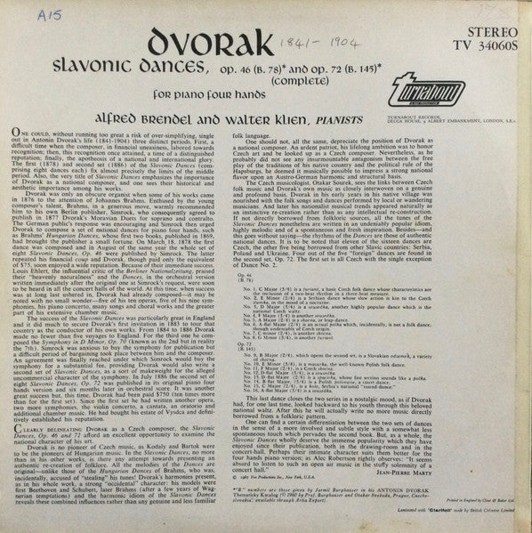 Antonín Dvořák, Alfred Brendel And Walter Klien : Slavonic Dances, Opp.46 & 72 For Piano Four-Hands (LP)