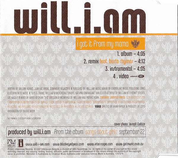 Will I Am : I Got It From My Mama (CD, Maxi, Enh)