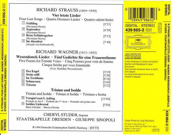 Strauss* · Wagner* - Cheryl Studer / Staatskapelle Dresden / Giuseppe Sinopoli : Vier Letzte Lieder · Wesendonck-Lieder · Tristan Und Isolde (CD, Album)