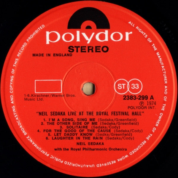 Neil Sedaka With The Royal Philharmonic Orchestra* : Live At The Royal Festival Hall (LP)