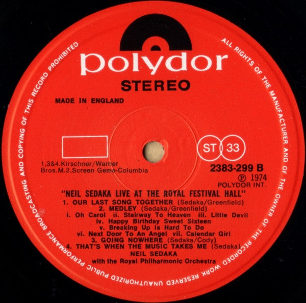 Neil Sedaka With The Royal Philharmonic Orchestra* : Live At The Royal Festival Hall (LP)
