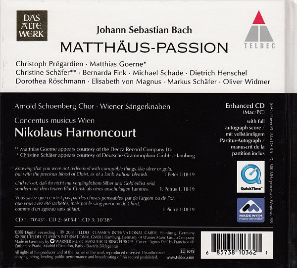 Johann Sebastian Bach - Christoph Prégardien · Matthias Goerne · Christine Schäfer · Dorothea Röschmann · Bernarda Fink, Elisabeth von Magnus · Michael Schade · Markus Schäfer (5) · Dietrich Henschel · Oliver Widmer · Arnold Schoenberg Chor · Die Wiener S : Matthäus-Passion (3xCD, Album, Enh)