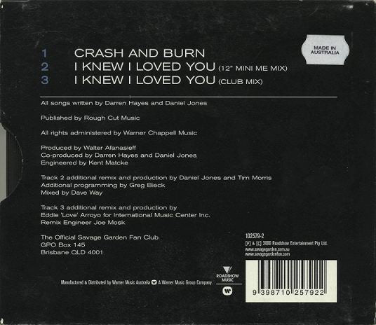 Savage Garden : Crash And Burn (CD, Single, Sli)