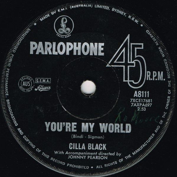 Cilla Black : You're My World (7")