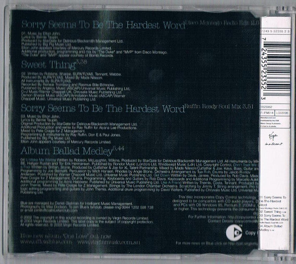 Blue (5) Featuring Elton John : Sorry Seems To Be The Hardest Word (CD, Single, Enh, Ltd, Pos)