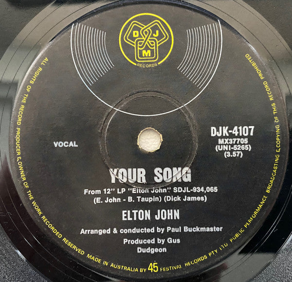 Elton John : Your Song (7", Single)