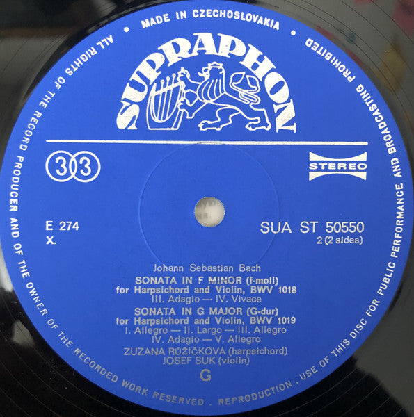 J S Bach*, Zuzana Růžičková - Josef Suk : Sonatas For Harpsichord And Violin Vol. II - Nos. 4, 5, 6 (LP)
