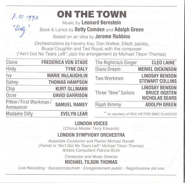 Leonard Bernstein, Betty Comden & Adolph Green*, Jerome Robbins, Frederica von Stade • Thomas Hampson • Samuel Ramey • Cleo Laine • David Garrison • Kurt Ollmann • Evelyn Lear • Marie McLaughlin And Tyne Daly, London Symphony Orchestra, Michael Tilson Thomas : On The Town (CD, Album)